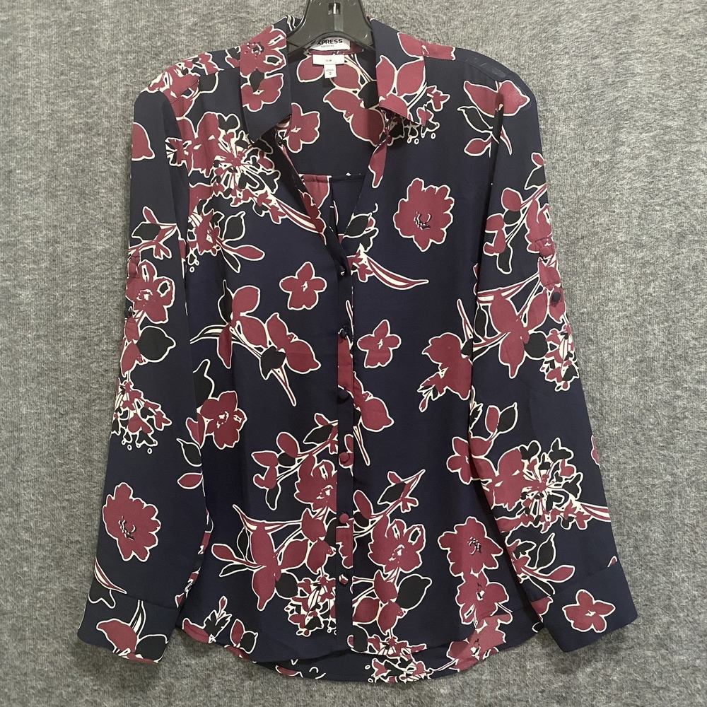 Express The Portofino Shirt‎ Womens Medium Blue Pink Floral Slim Roll Tab Office